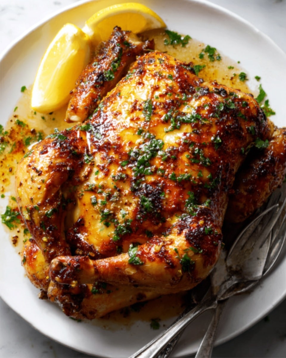 The image shows a whole roasted chicken with crispy, brown skin, covered in a shiny glaze with visible specks of herbs scattered all over. The chicken is placed in the center of a white plate. On one side of the chicken, there are four yellow lemon wedges arranged neatly. A shiny silver fork and knife rest near the top right edge of the plate, on a white marbled surface. The photo taken with an iphone --ar 4:5 --v 7