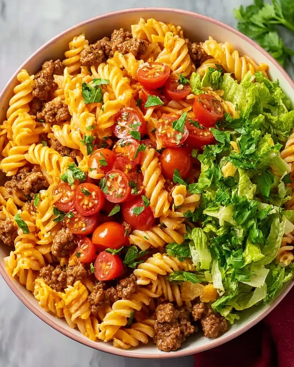A white bowl is filled with a colorful pasta dish featuring three main layers visible from above: the base layer is orange-yellow twisted rotini pasta mixed with ground beef pieces, the middle layer has bright red halved cherry tomatoes scattered throughout, and the top layer is fresh green lettuce pieces and cilantro leaves sprinkled on top. The pasta looks well-coated with sauce, and the textures range from soft pasta to tender meat and fresh vegetables, all sitting on a white marbled surface. photo taken with an iphone --ar 4:5 --v 7
