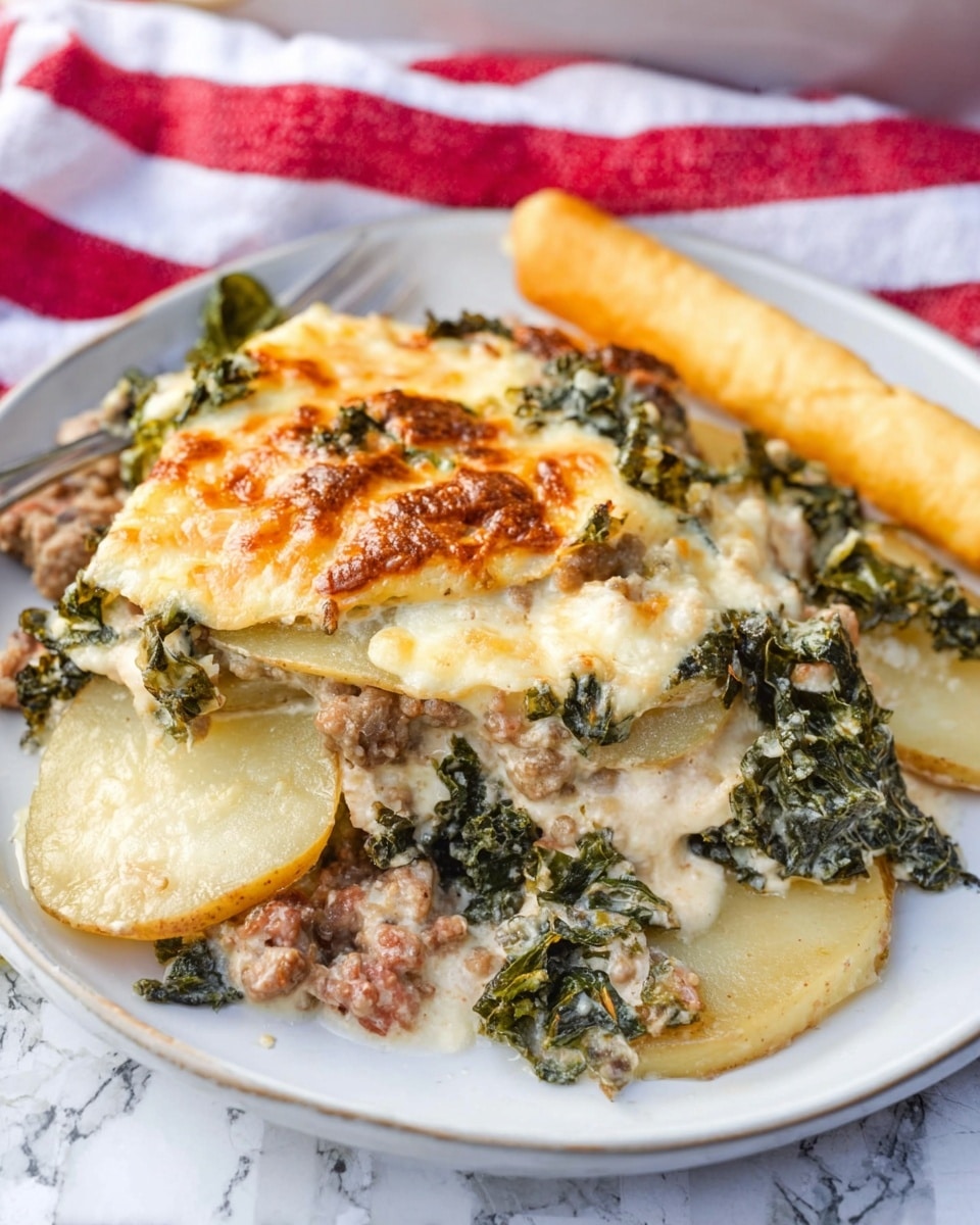 The dish on a white plate shows a creamy, cheesy casserole made of several layers: the bottom layer has round potato slices with golden brown edges, the middle layer contains cooked green kale leaves mixed with crumbled cooked sausage that is brown and meaty, and the top layer is covered in melted yellow cheese with slightly toasted spots. A golden breadstick leans against the left side of the plate. The plate is set against a white marbled surface with a red and white striped cloth in the background. photo taken with an iphone --ar 4:5 --v 7