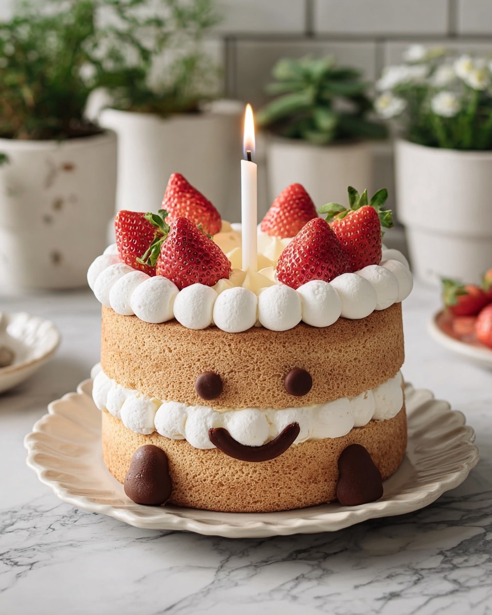 A two-layer round yellow sponge cake with a light fluffy texture is placed on a white scalloped plate. Between the two layers is a ring of white cream dollops. The top layer has more white cream dollops arranged in a circle, with four red strawberries with green leaves placed evenly on top of the cream. A single white lit candle stands at the center of the cake. On the front side of the bottom cake layer, there is a cute smiling face made with dark chocolate and two small heart-shaped brown chocolate pieces acting as legs. The cake sits on a surface with a white marbled texture and there are green plants in white pots in the blurred background. Photo taken with an iphone --ar 4:5 --v 7