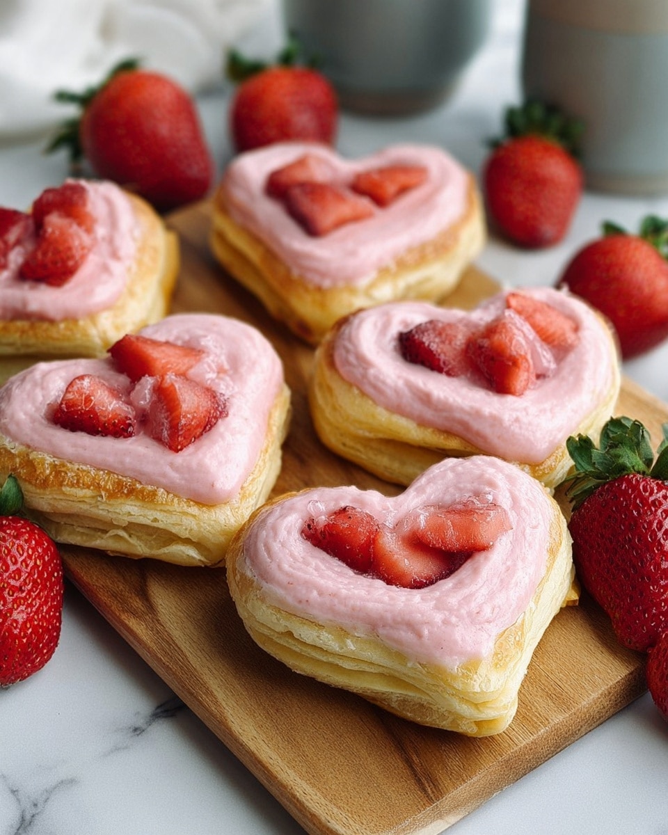 The image shows several small heart-shaped pastries arranged on a wooden board on a white marbled surface. Each pastry has two visible layers: a golden-brown, flaky base topped with a thick layer of pink cream that looks smooth and creamy. Inside the pink topping, there are chopped pieces of red strawberries scattered unevenly, adding a fresh texture and bright color contrast. Around the pastries, there are whole fresh strawberries with green leaves adding a natural touch. In the background, there are two blurred stone-textured cups. The photo taken with an iphone --ar 4:5 --v 7