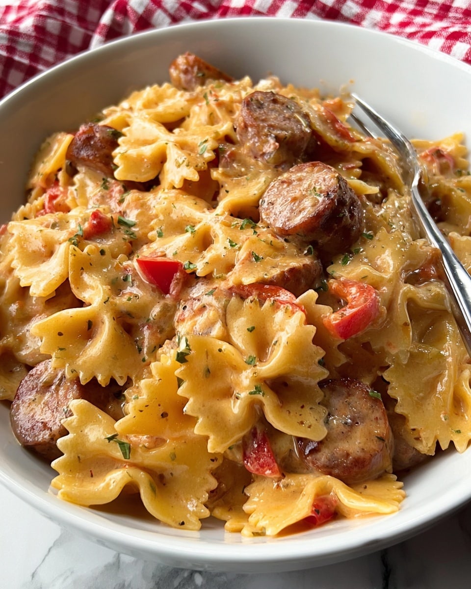 A close-up view of a white bowl filled with creamy pasta made from yellow farfalle noodles mixed with round slices of browned sausage and pieces of red bell pepper. The pasta is covered in a smooth, light orange sauce that coats every layer, giving it a glossy and rich look. The sausage slices are scattered throughout, adding a textured brown contrast against the soft pasta and bright red pepper pieces. A silver fork is partially inserted into the bowl on the right side. The bowl sits on a surface with a white marbled texture and a red and white checkered cloth is visible in the background. Photo taken with an iphone --ar 4:5 --v 7