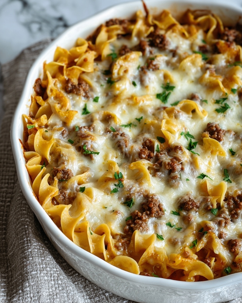 The image shows a close-up of a baked pasta dish in a white round baking dish. The bottom layer consists of wide, curly egg noodles with a pale yellow color, partly covered by cooked ground beef scattered evenly over the noodles. On top, there is a layer of melted cheese that is creamy white with some golden brown spots, lightly browned from baking. Small green parsley leaves are sprinkled on the cheese, adding a fresh touch. The baking dish sits on a white marbled surface, and a textured light gray cloth is partially visible at the edge. photo taken with an iphone --ar 4:5 --v 7