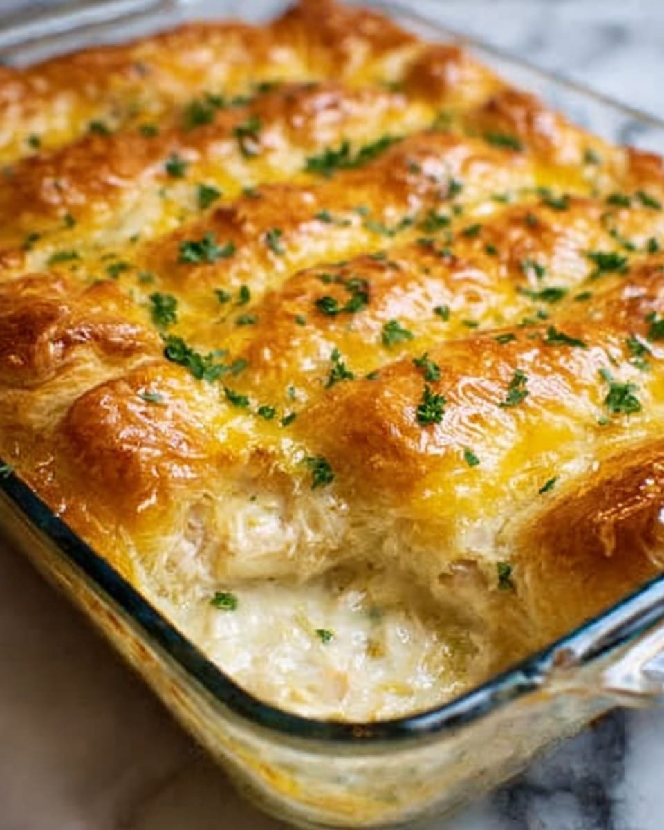 The image shows a clear glass baking dish filled with a golden brown baked dish with a slightly crispy top layer. The top layer is made of puff pastry rolls that are light golden with some darker brown spots, sprinkled with finely chopped green herbs. Underneath the pastry, you can see a creamy, light yellow filling with chunks of white meat and some melted cheese. The dish sits on a white marbled surface, with parts of a stove and kitchen visible in the blurry background. Photo taken with an iphone --ar 4:5 --v 7