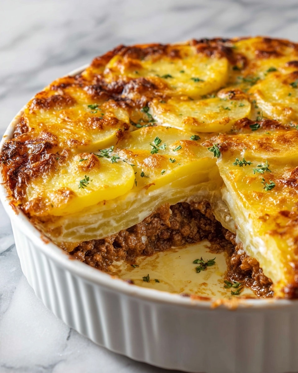 A white round baking dish holds a layered potato casserole with a golden, bubbly crust on top, sprinkled with small green herb leaves. The dish shows three distinct layers: a top layer of browned melted cheese with a slightly crispy texture, a middle layer of tender white potato slices, and a bottom layer of cooked ground beef, rich and crumbly. The casserole has a creamy sauce visible at the bottom, seeping out where a portion is taken out, revealing the thick, smooth texture. The background shows a white marbled surface. photo taken with an iphone --ar 4:5 --v 7