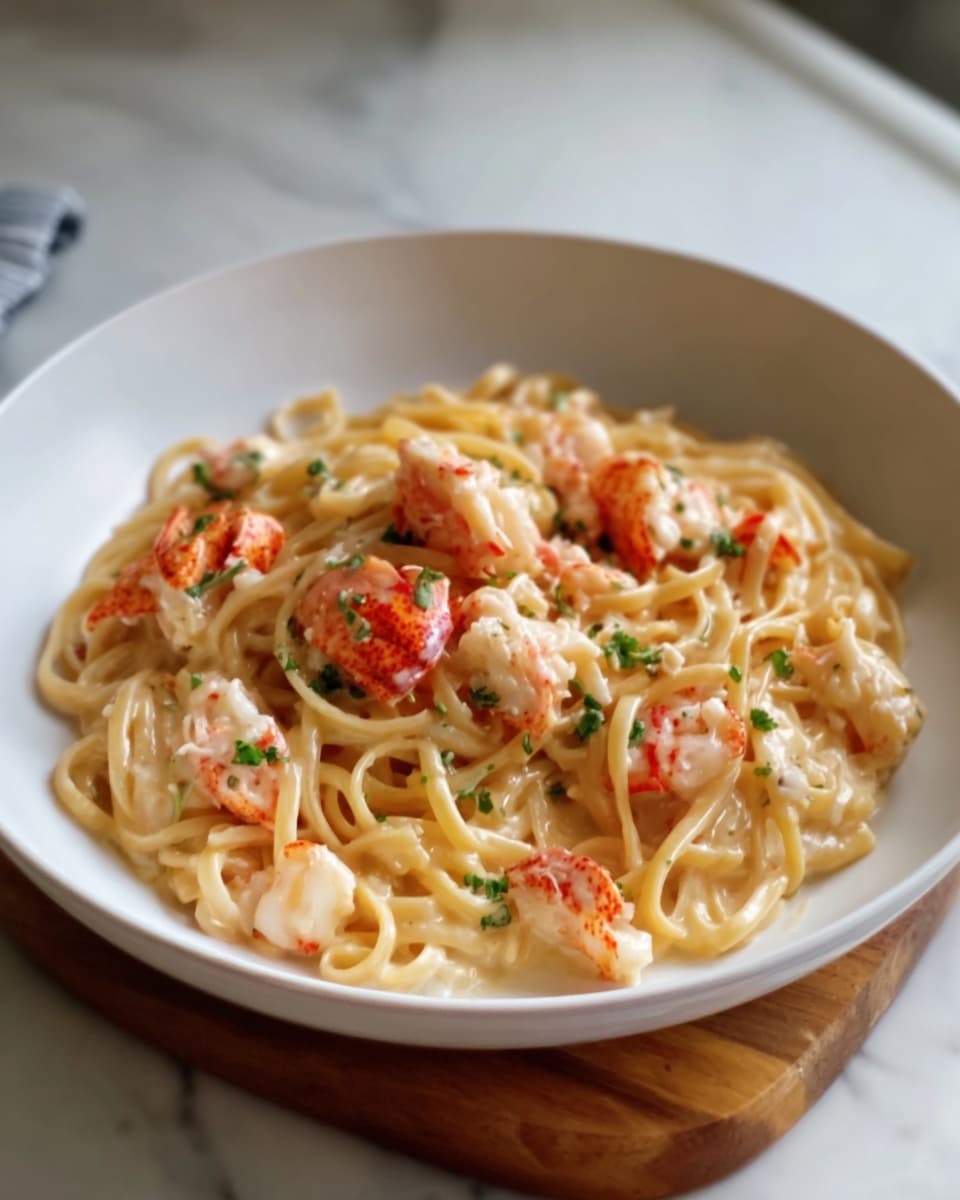 A white shallow bowl filled with creamy pasta layered with light yellow noodles mixed evenly with small pieces of bright red lobster meat on top. The pasta is coated in a smooth light cream sauce with specks of fresh green herbs scattered across it. The bowl sits on a wooden surface with a soft, white marbled background slightly blurred behind it. The texture of the pasta looks soft and glossy, and the lobster bits add a fresh, textured contrast. Photo taken with an iphone --ar 4:5 --v 7