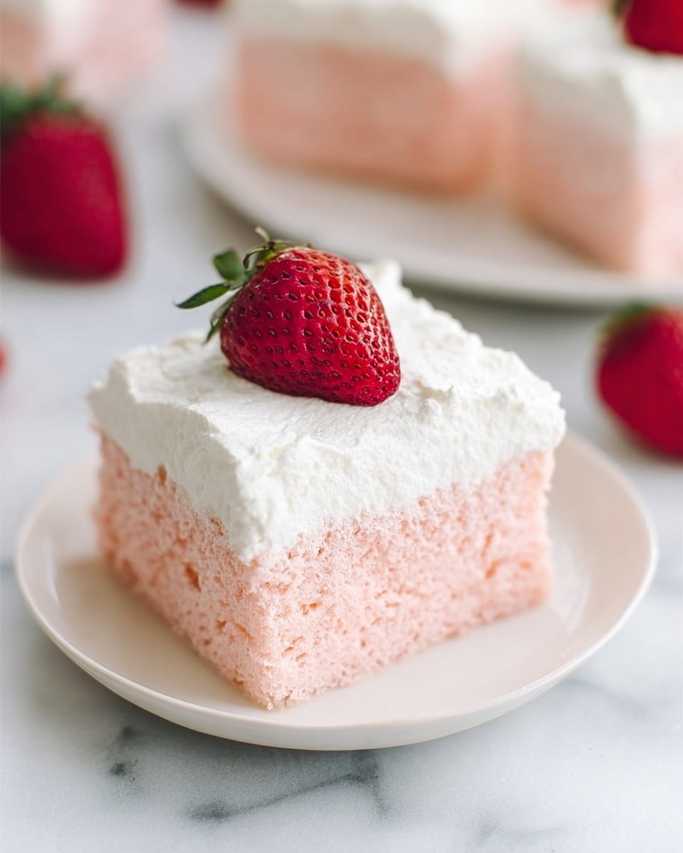 A single square piece of light pink sponge cake with a thick white cream layer on top, creating two clear layers. The top layer is smooth and fluffy, while the pink sponge has a soft, airy texture. On the very top, a fresh red strawberry with its green leaves is placed in the center. The cake sits on a simple white round plate against a white marbled textured surface, with more similar cake pieces and strawberries blurred softly in the background. Photo taken with an iphone --ar 4:5 --v 7