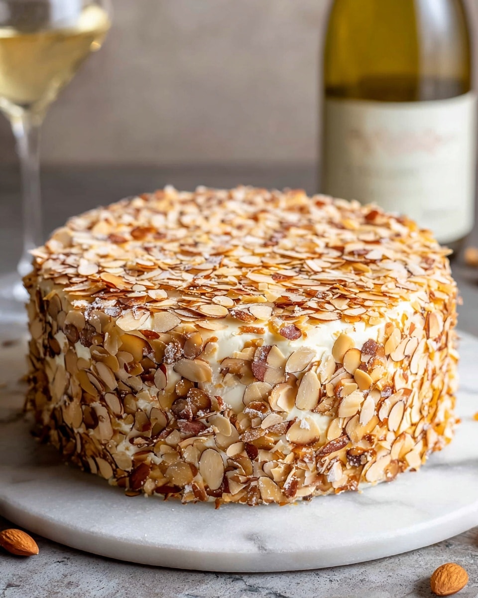 A round cake covered completely with a layer of creamy white frosting, fully coated in light brown and beige toasted almond slices that give it a textured, crunchy look, sitting on a smooth gray marble board placed on a white marbled surface, with a blurred brown background and a bottle of white wine behind it. photo taken with an iphone --ar 4:5 --v 7