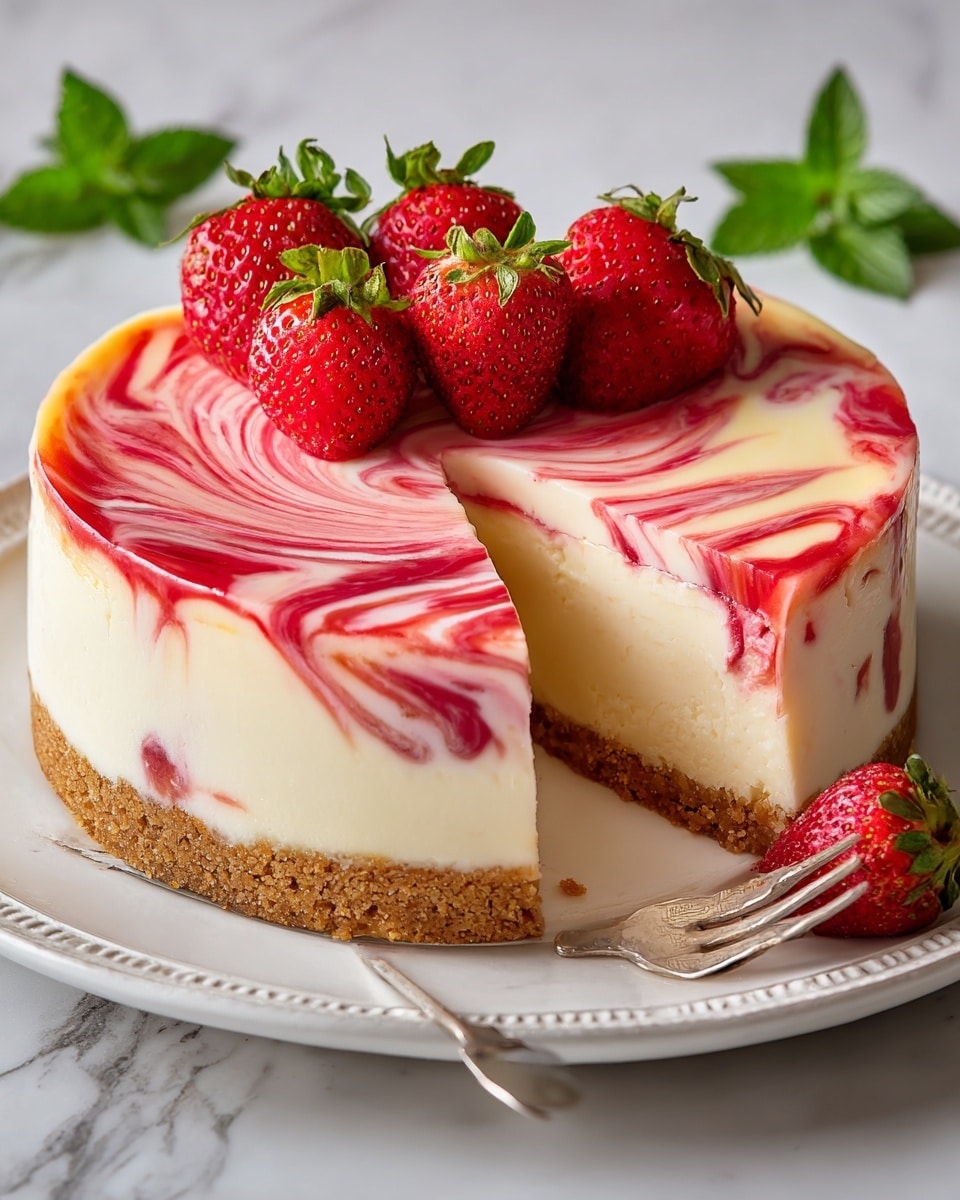 A round cheesecake on a white decorative plate with one slice removed, showing three layers: a thick, crumbly light brown crust at the bottom, a thick creamy white cheesecake layer in the middle, and a top layer of smooth pink and white swirled frosting with streaks of red, decorated with fresh whole and halved bright red strawberries and green leaves. The background is a white marbled texture and a silver fork is placed beside the plate. photo taken with an iphone --ar 4:5 --v 7
