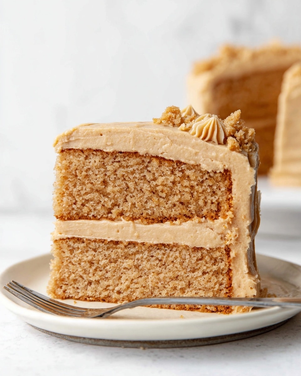A close-up image of a two-layer light brown cake slice on a white plate, with a layer of creamy light brown frosting in the middle and the same frosting covering the top, which is slightly decorated with crumbled pieces of a darker brown cookie or cake. The cake layers have a soft and moist texture, and the background features a clean white marbled surface. Photo taken with an iphone --ar 4:5 --v 7