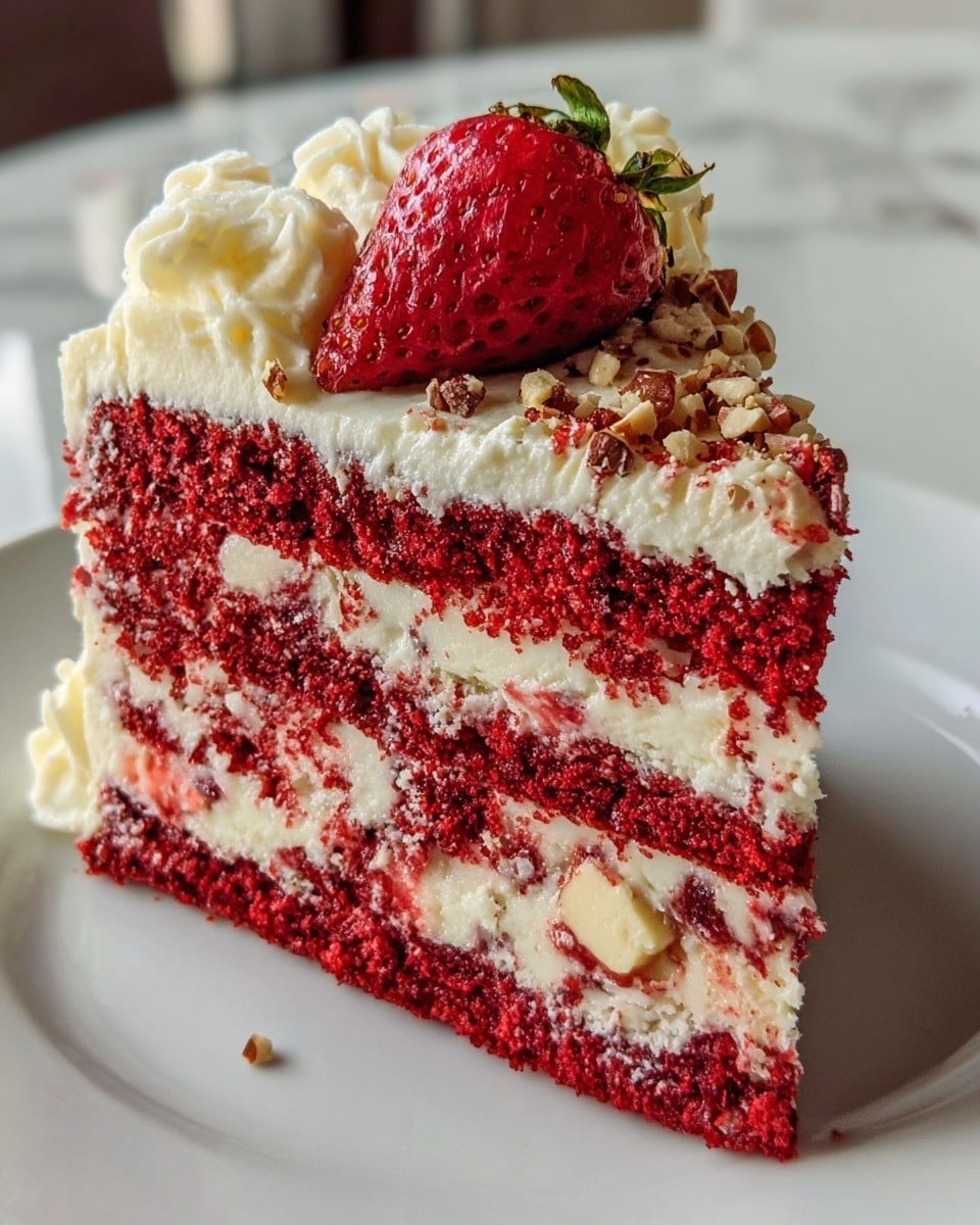 A close-up of a slice of layered red velvet cake on a white plate, set on a white marbled surface. The cake has three layers of deep red sponge filled with creamy white frosting mixed with white chocolate chunks. The top layer is covered with swirled white frosting, small bits of crushed nuts, and crowned with a fresh, bright red strawberry. The cake texture looks moist and rich with the white frosting smooth and fluffy between layers. Photo taken with an iphone --ar 4:5 --v 7