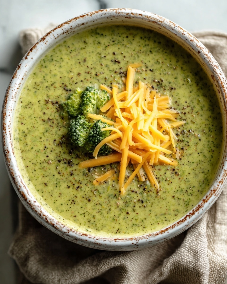 A bowl of thick green broccoli soup fills a speckled white bowl placed on a beige cloth with a white marbled surface underneath. The soup has a smooth texture with visible tiny green broccoli bits throughout. In the center on top, there is a small pile of shredded bright yellow cheddar cheese and a light sprinkling of coarse black pepper over both the cheese and the soup. Photo taken with an iphone --ar 4:5 --v 7