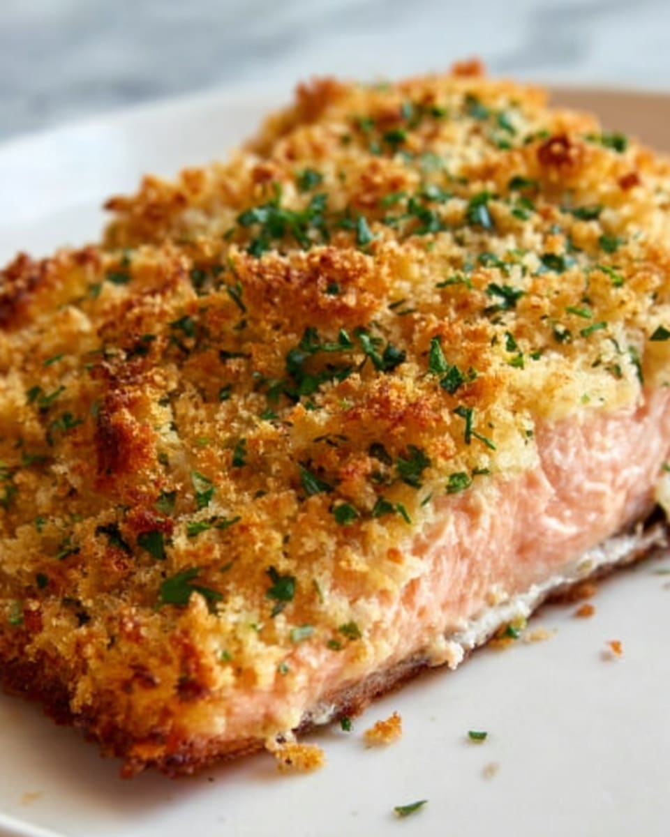 A close-up image of a thick salmon fillet covered with a crunchy golden-brown crust made from breadcrumbs and herbs. The crust has a slightly uneven texture with some green herbs sprinkled on top. The salmon inside is soft and light orange in color, visible from the cut side. The fillet lies on a plain white plate that rests on a white marbled surface. Photo taken with an iphone --ar 4:5 --v 7