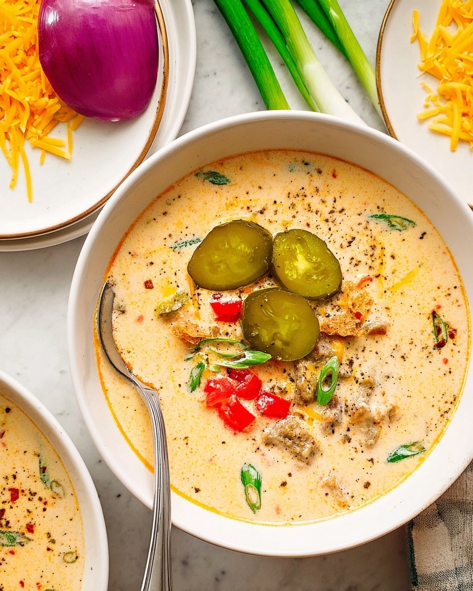 A white bowl filled with creamy, light orange soup with visible chunks of browned meat inside. On top, there are two green pickle slices with black pepper sprinkled on them, scattered small pieces of red tomato, bright orange-yellow shredded cheese, and green onion slices. A silver spoon rests inside the bowl, partly covered with cheese and soup. Around the bowl, there is a half cut purple onion, long green onion stalks, a white plate with more shredded orange-yellow cheese, and a second bowl of soup partially visible on a white marbled surface. photo taken with an iphone --ar 4:5 --v 7