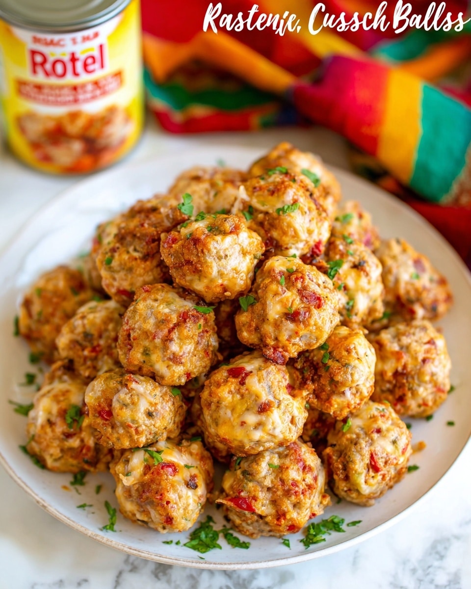 A white plate piled high with round sausage balls that have a rough texture and are speckled with bits of bright red, yellow, and white, showing the mixed ingredients inside. The surface of each ball is golden brown with slightly crispy edges, and small green parsley pieces are sprinkled over the top for a fresh touch. In the background, there is a blurred can with red and yellow colors and some green parsley leaves, all set on a white marbled texture. photo taken with an iphone --ar 4:5 --v 7