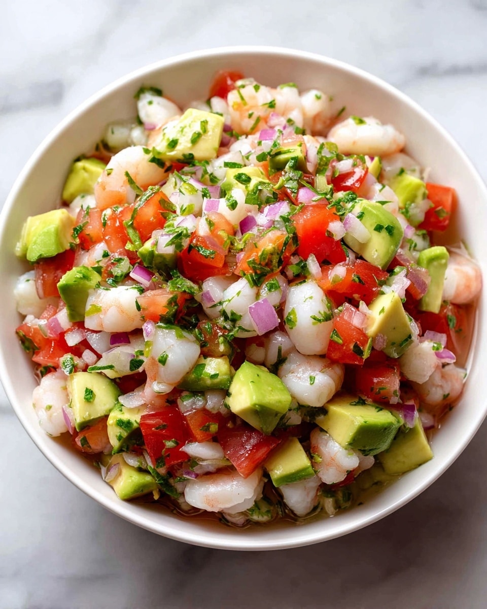 A white bowl full of a colorful seafood salad, with three visible layers mixed together: the top layer is small, white shrimp pieces; the middle layer has bright red diced tomatoes; the bottom layer shows light green diced avocado chunks. The salad is sprinkled with finely chopped green herbs and bits of purple onion, all resting on a white marbled surface. photo taken with an iphone --ar 4:5 --v 7