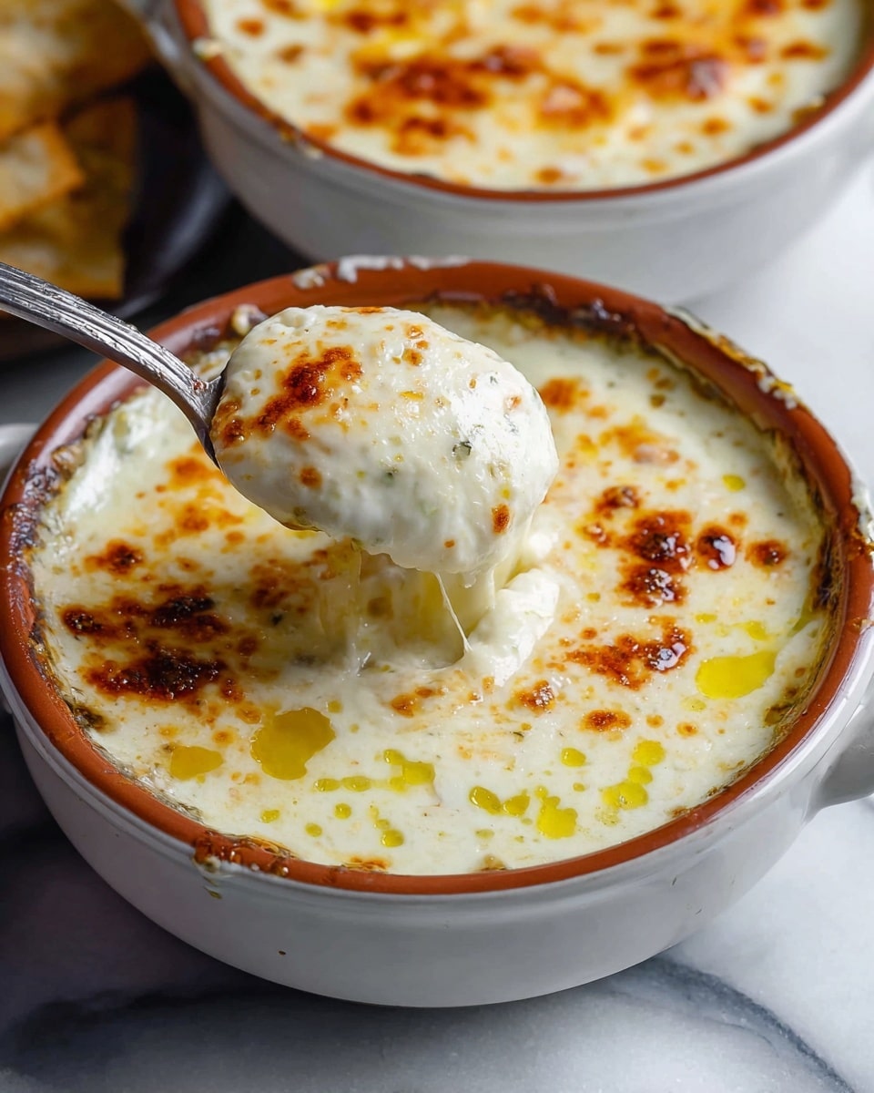 The image shows a close-up of two small brown ceramic bowls filled with a creamy white cheese dip with a soft, bubbly texture. The top layer has golden-brown spots where the cheese is browned and melted, giving a slightly crusty look. A spoon scoops a portion of the dip from the front bowl, showing the thick, gooey texture mixed with melted cheese. The bowls sit on a silver tray against a white marbled background, and a green pepper is visible in the top left corner. photo taken with an iphone --ar 4:5 --v 7