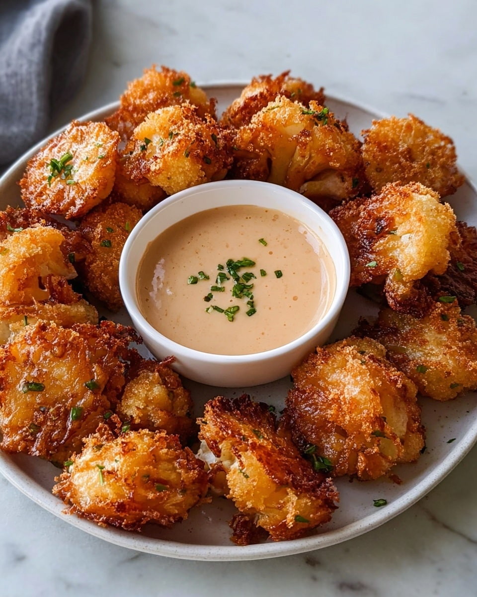A white plate filled with golden brown, crispy fried onion pieces arranged in a circle around a small white bowl of smooth, creamy beige dipping sauce with some visible black pepper bits. The fried onions show a textured, crunchy surface with slightly curly edges and small green herb bits. The plate sits on a soft grey fabric, with a blurred white marbled surface in the background. photo taken with an iphone --ar 4:5 --v 7
