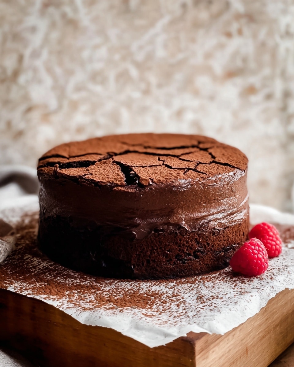 A tall, round chocolate cake with a cracked and soft top layer dusted with cocoa powder sits on white parchment paper on a wooden surface. The cake's outside is smooth with a rich, dark brown frosting or ganache covering it evenly. Around the cake are three fresh red raspberries adding a bright contrast to the deep chocolate colors. The cracks on the top reveal a moist, dense interior. The background features soft, diffused light coming through curtains with a white marbled texture underneath. Photo taken with an iphone --ar 4:5 --v 7