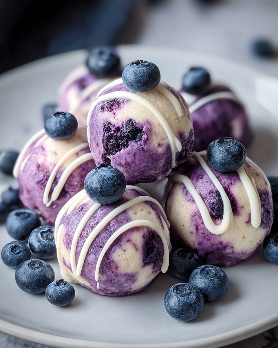 A close-up of six round blueberry dessert balls stacked in a small pyramid on a white plate with a white marbled texture surface. Each ball has a mix of cream and purple colors with a slightly rough texture from the blueberries baked inside. Thin white drizzle lines are on top of the balls, and each one is topped with a single fresh, shiny, blue blueberry. Several loose blueberries are scattered around the base of the pyramid on the plate. The background is softly blurred, focusing on the dessert. Photo taken with an iphone --ar 4:5 --v 7
