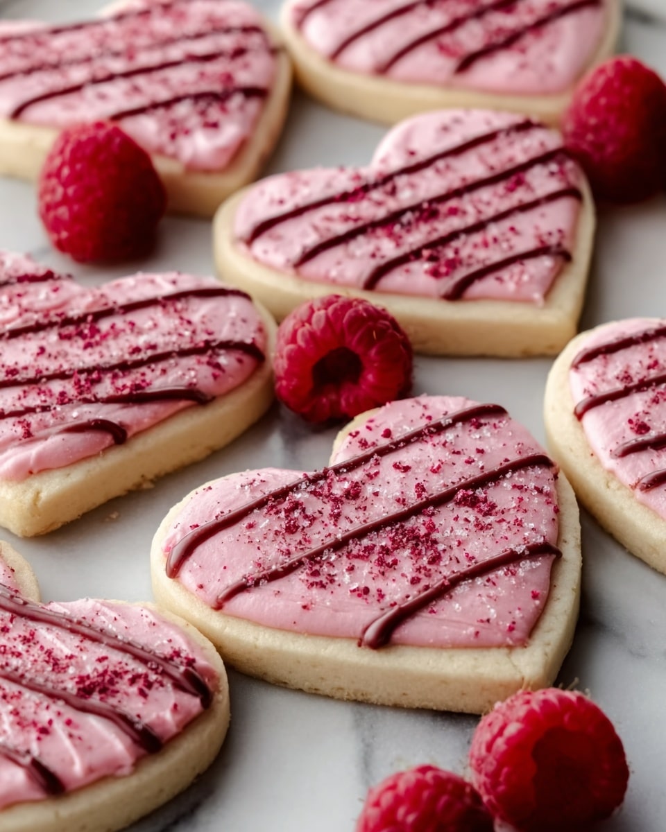 The image shows several heart-shaped cookies arranged closely together, each cookie having a golden-brown base with a smooth texture. On top, there is a thick layer of light pink frosting covering the entire surface of each cookie. Fine lines of dark pink drizzle are neatly spread over the frosting, creating a striped pattern. Around the cookies, fresh bright red raspberries add a pop of color. The cookies are placed on a white plate resting on a white marbled surface. photo taken with an iphone --ar 4:5 --v 7