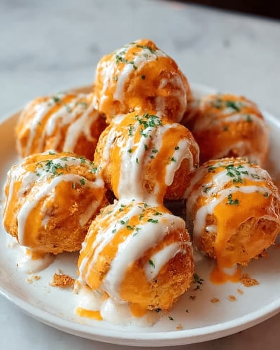 The image shows a close-up of several round balls of food placed closely together on a plain white plate. Each ball has a rough, slightly crumbly texture with a golden-brown color underneath and is topped with two layers of sauce: a thick white sauce that drips down the sides and a bright orange sauce pouring over that, creating a nice mix of colors. Small green herb pieces are sprinkled on top of the balls. The background is a smooth white marbled surface with soft, warm lighting. Photo taken with an iphone --ar 4:5 --v 7