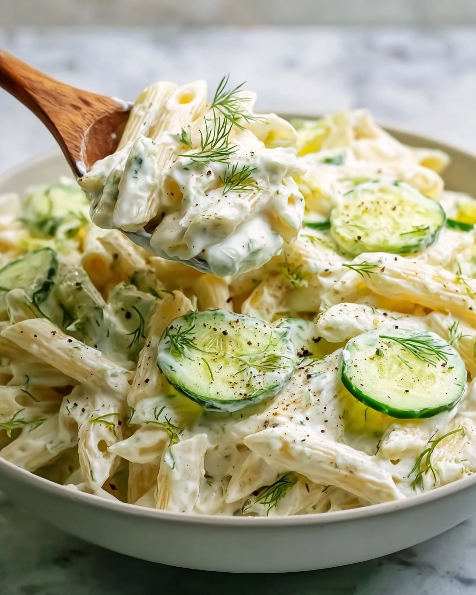 A white bowl filled with creamy pasta salad shows three layers: at the base, short, ridged penne pasta in pale yellow color; the middle layer is thin, round slices of bright green cucumber mixed evenly; the top layer is thick, white creamy dressing coating everything, sprinkled with small chopped green herbs and black pepper, with a wooden spoon lifting a scoop of the salad. The bowl rests on a white marbled surface. Photo taken with an iphone --ar 4:5 --v 7