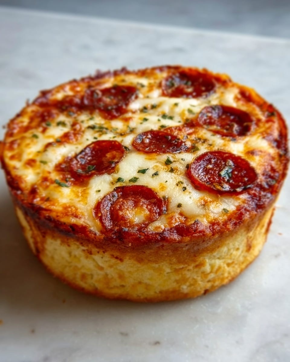 A small, thick pizza muffin is placed on a white marbled surface. It has five clear layers: the bottom dough layer is golden and thick; above it is a layer of melted cheese that looks soft with a light yellow color; the middle layer is rich tomato sauce, bright red and slightly shiny; the next layer has slices of pepperoni, dark red with a shiny oily texture and a few small green herb pieces scattered on top; the top layer is melted cheese browned around the edges, with some small dark spots showing it is baked well. The sides of the pizza muffin are high, showing all the layers clearly. photo taken with an iphone --ar 4:5 --v 7