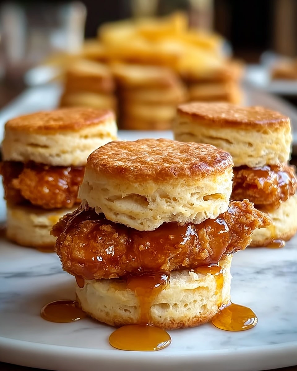 The image shows three mini chicken and biscuit sandwiches placed on a white rectangular plate on a white marbled texture. Each sandwich has three layers: the top and bottom layers are fluffy, golden-brown biscuits with a soft, flaky texture, while the middle layer is a crispy, golden fried chicken patty coated with a shiny, sticky honey glaze. There are small drops of honey glaze around the sandwiches on the plate. In the background, out of focus, you can see some golden fries and brown and white shapes that are blurred. photo taken with an iphone --ar 4:5 --v 7