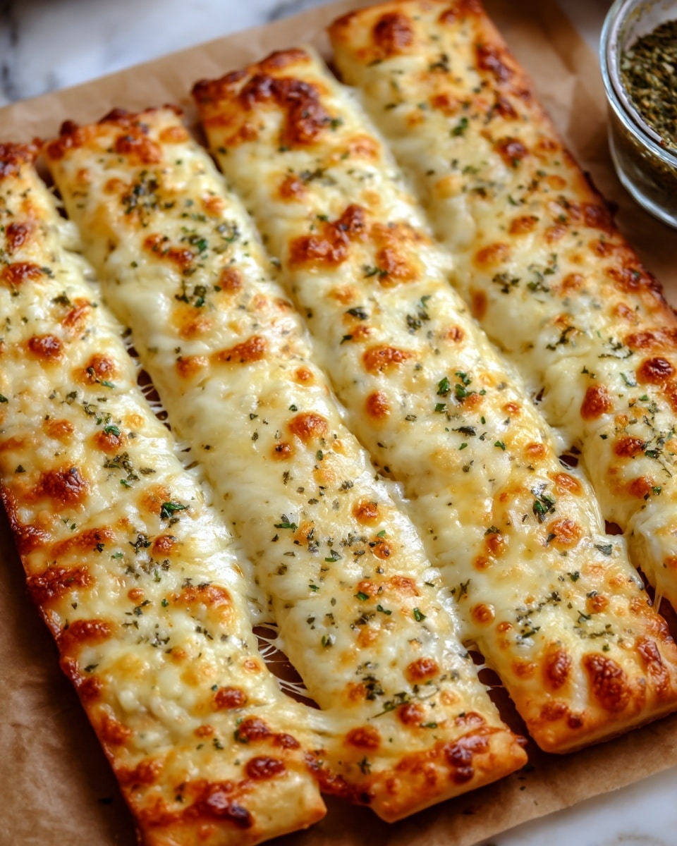 The image shows four long, rectangular breadsticks on brown parchment paper, each covered in a thick layer of melted cheese with golden brown spots and sprinkled with black pepper and herbs. The breadsticks have a soft and fluffy texture beneath the cheese, and the edges are lightly browned. A small glass bowl with a green herb sauce sits in the background on a white marbled texture. The focus is on the breadsticks, showing the melted cheese stretching slightly with a warm and gooey look. photo taken with an iphone --ar 4:5 --v 7