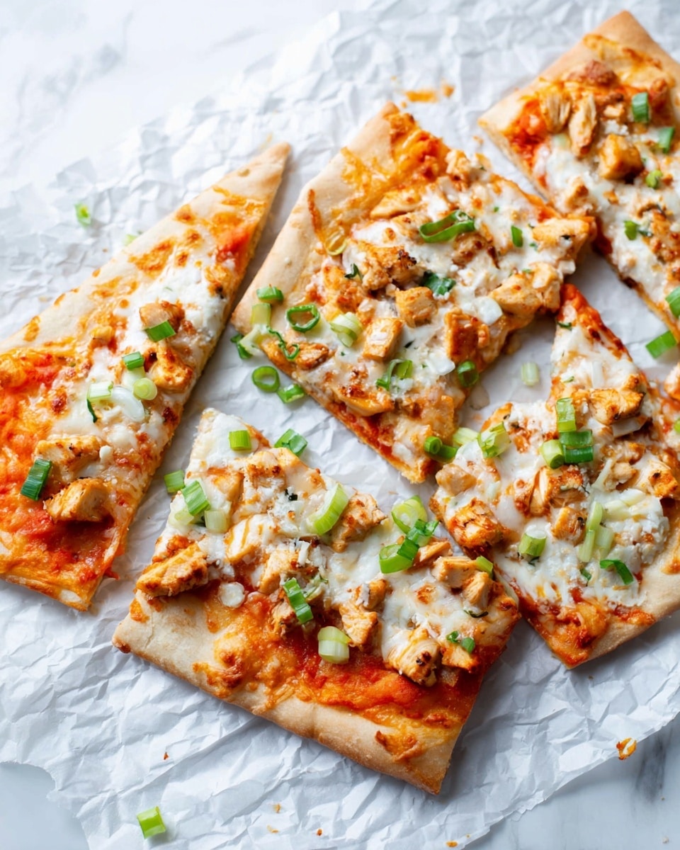 Four rectangular slices of pizza are placed on crinkled white paper over a white marbled surface. Each slice has three visible layers: the bottom layer is a golden brown crispy crust, the middle layer is bright orange cheese sauce, and the top layer has melted white cheese, small pieces of cooked chicken with a light brown color, and chopped green onions scattered across the slices. The pizza looks fresh and the edges of the crust show slight browning from baking. photo taken with an iphone --ar 4:5 --v 7