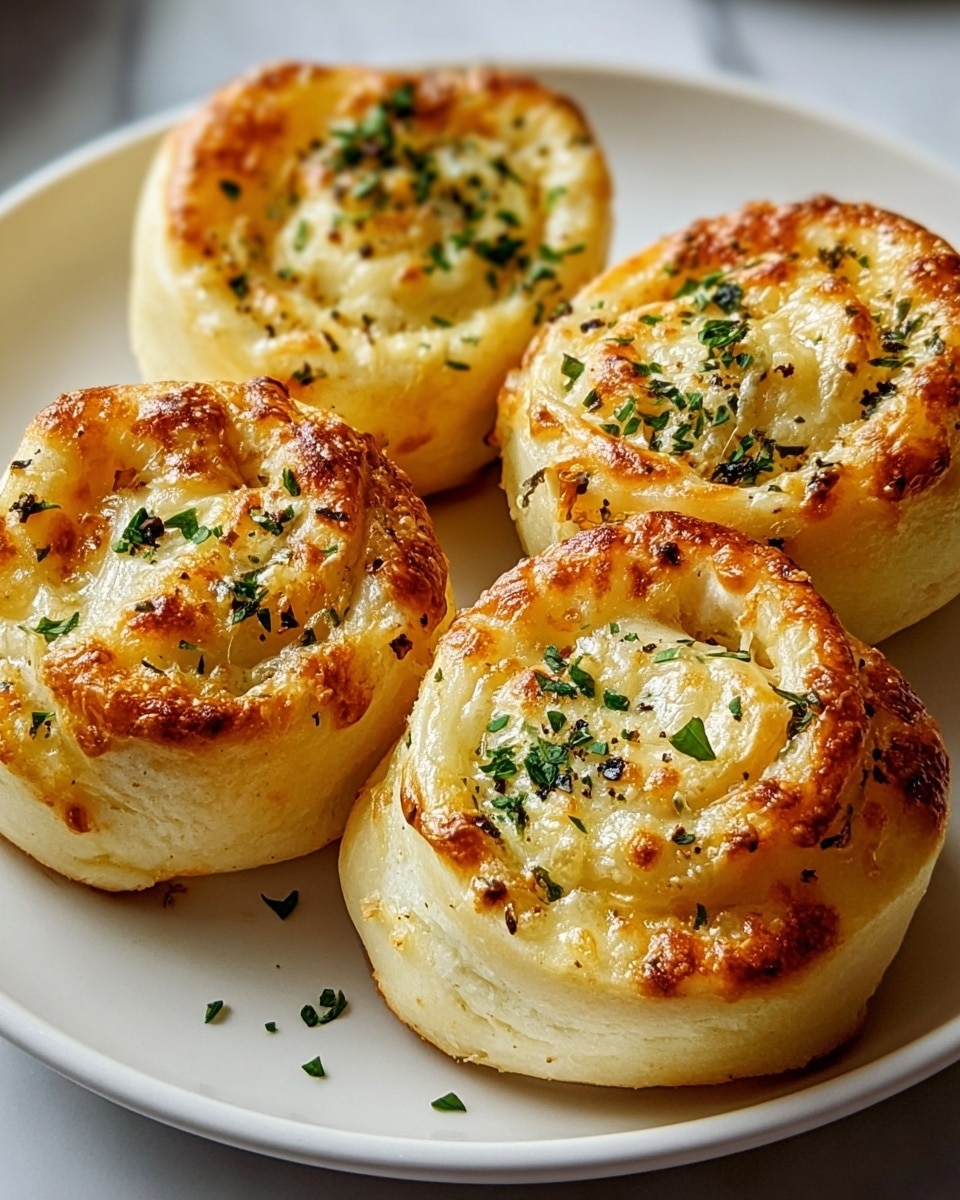 Four cheese rolls sit closely together on a white plate, each one showing soft, pale dough spiraled with a slightly melted, golden-brown cheese topping. The rolls have a shiny, smooth surface with a few small browned spots from baking. Small green parsley pieces are sprinkled evenly over them, adding a fresh pop of color. The plate rests on a white marbled texture, giving a clean and bright look to the scene. photo taken with an iphone --ar 4:5 --v 7