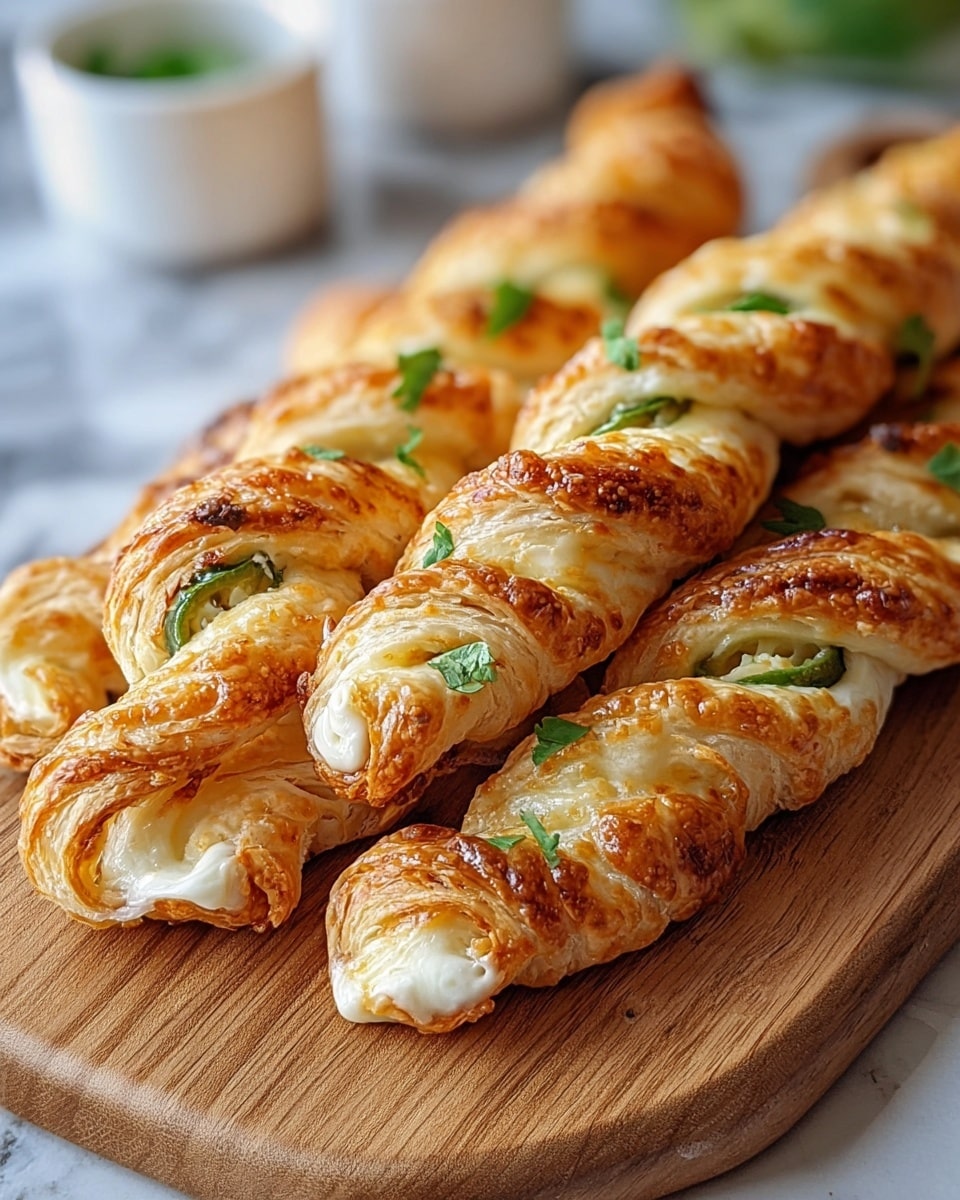 Several golden brown puff pastry twists are arranged closely together on a light wooden board. Each twist shows light, flaky layers of crisp pastry, with a glossy baked finish. Visible inside the twists are creamy white cheese and slices of green jalapeño pepper, adding texture and color contrast. Small chopped green herbs are sprinkled on top and inside the filling, enhancing the look with fresh green specks. The background is a white marbled texture. photo taken with an iphone --ar 4:5 --v 7