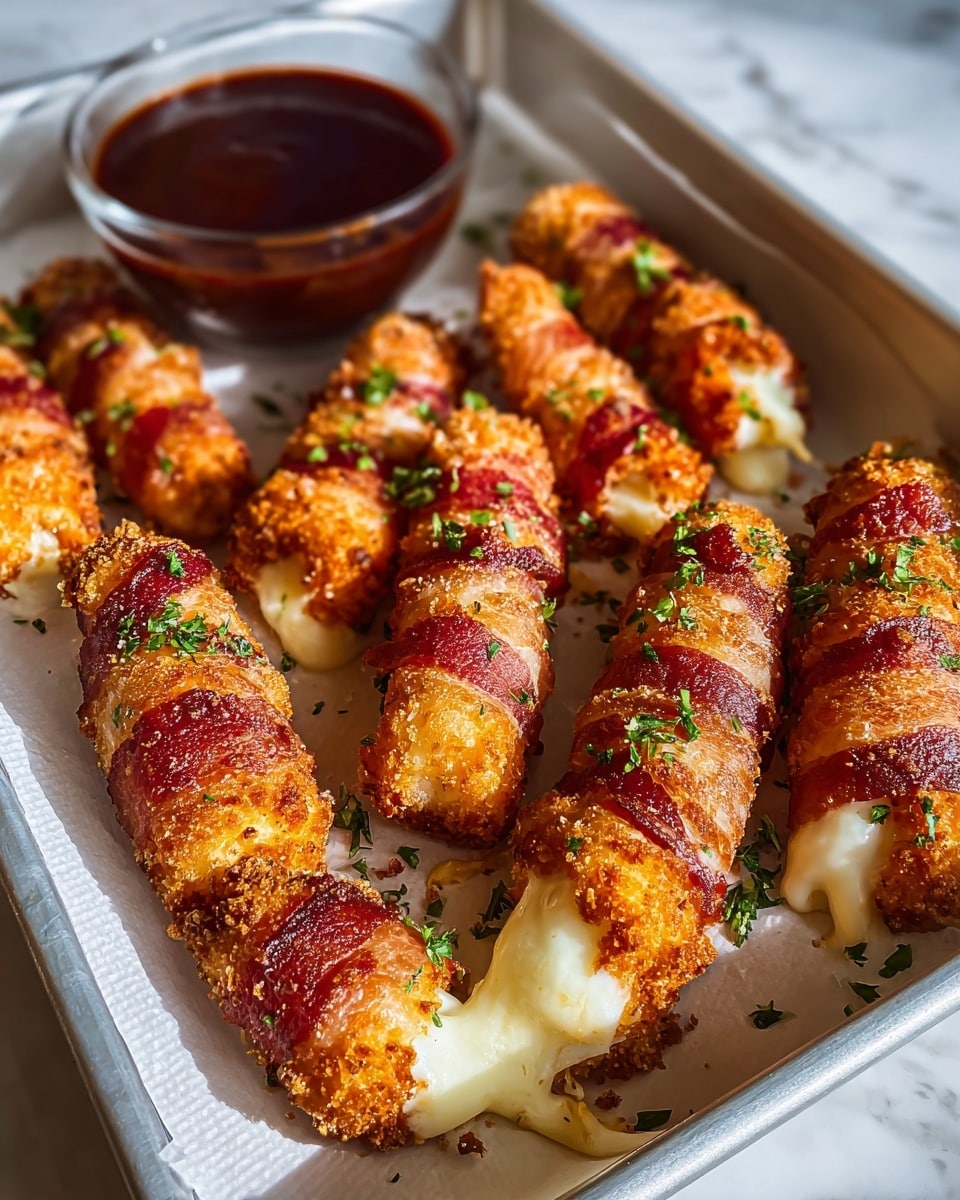 The image shows a tray with several pieces of food that have three layers: a white melted cheese center, a golden brown crispy coating around the cheese, and crispy bacon strips wrapped around the outside with a reddish-brown color. Green chopped herbs are sprinkled on top of the pieces. In the background, there is a small clear cup filled with a red dipping sauce. The tray is placed on a white marbled surface. photo taken with an iphone --ar 4:5 --v 7