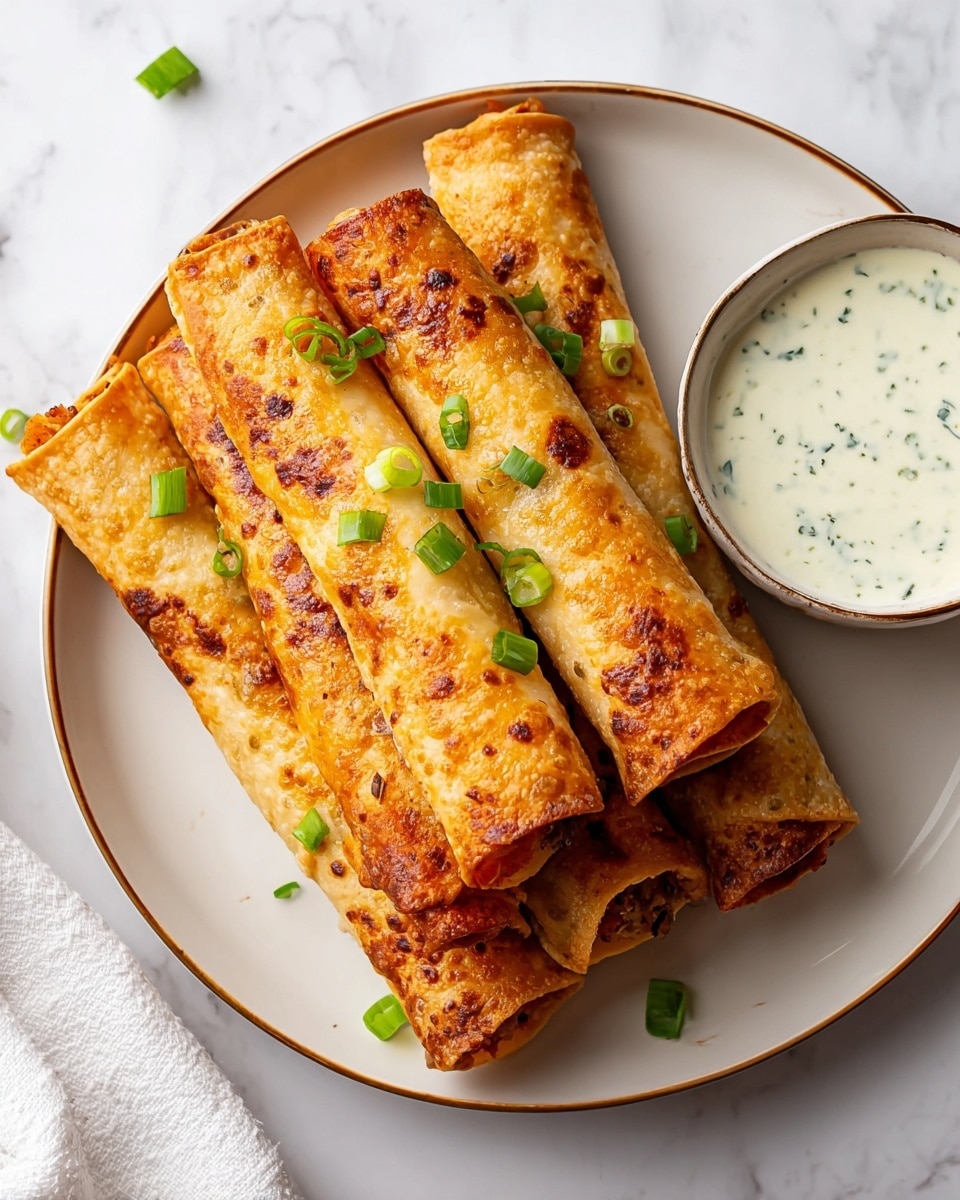 The image shows five golden brown crispy rolled taquitos arranged closely on a white plate with a thin beige rim, garnished with chopped green onions sprinkled on top and around them. To the right of the taquitos, a small gray ceramic bowl filled with creamy white sauce with green herb flecks sits on the plate. The plate is set on a table with a white marbled texture. Photo taken with an iphone --ar 4:5 --v 7