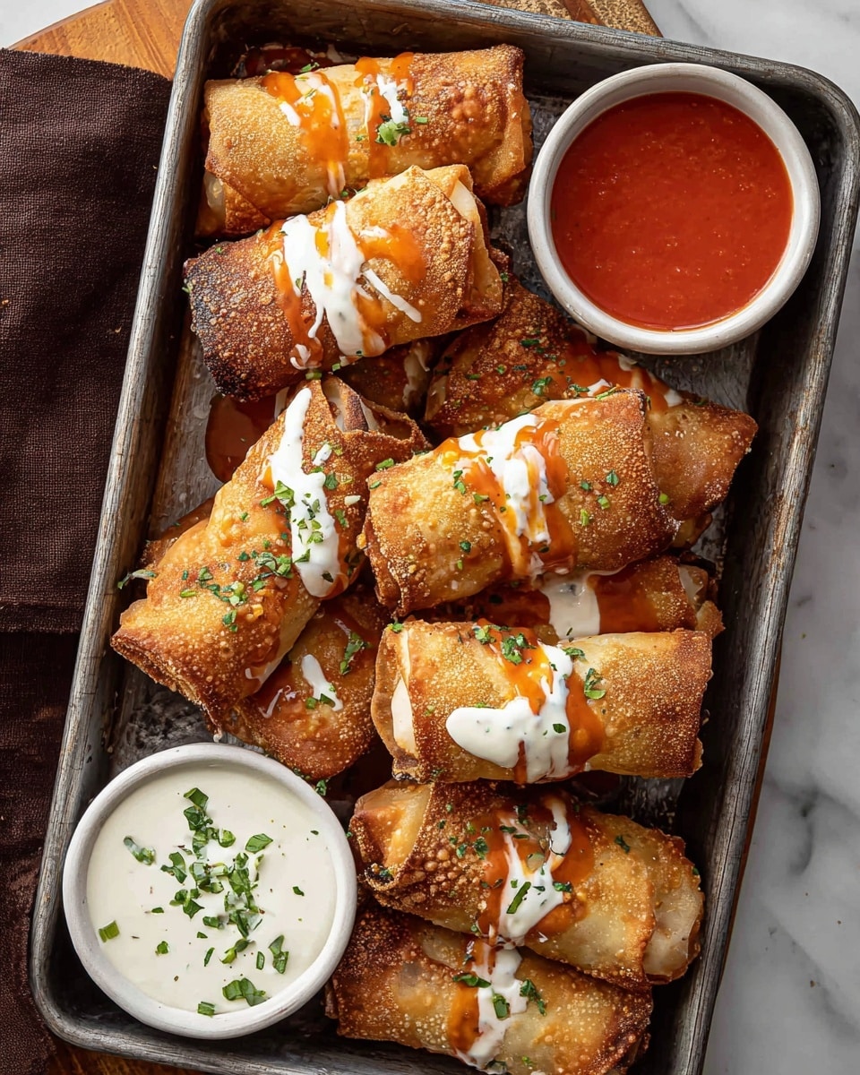 A white rectangular metal tray filled with eight golden-brown crispy egg rolls, each drizzled with white creamy sauce and bright orange hot sauce, sprinkled with small green herb pieces; near the top right corner, there is a small white bowl filled with deep red-orange hot sauce, and near the lower left corner, a small white bowl holds a creamy white dipping sauce garnished with green herbs. The tray sits on a white marbled surface with a dark brown cloth napkin on the left edge. photo taken with an iphone --ar 4:5 --v 7