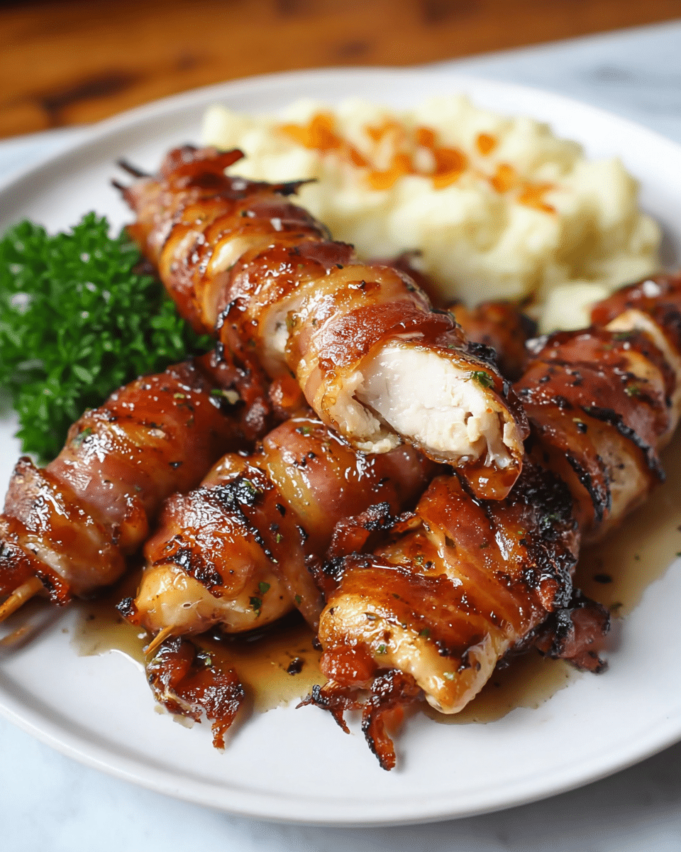 The image shows a white plate on a white marbled surface holding four pieces of golden-brown grilled chicken wrapped in crispy bacon. The chicken pieces have a glossy, sticky glaze with charred spots, creating a shiny textured look. The chicken breast pieces are sliced halfway to reveal a white, juicy inside beneath the bacon wrapping. In the background on the plate, there is a small serving of creamy mashed potatoes with a few bits of seasoning on top, and a sprig of bright green parsley placed next to the chicken. The lighting highlights the juicy, rich colors and textures of the dish making it look warm and inviting. photo taken with an iphone --ar 4:5 --v 7