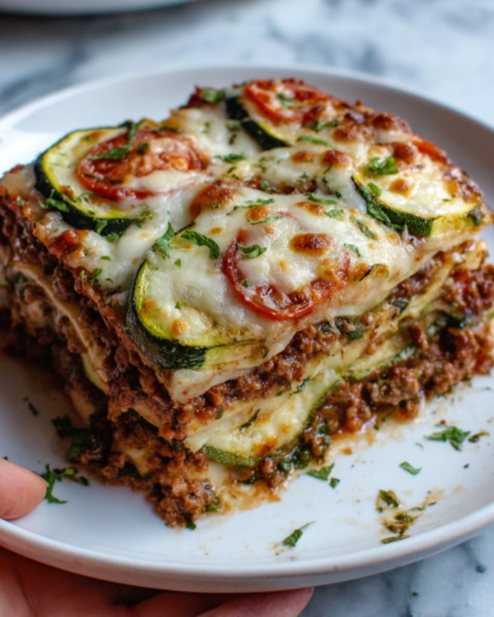 A slice of layered lasagna sits on a white plate with a white marbled surface in the background. The lasagna has three visible layers starting with a base of yellow pasta sheets, followed by a thick layer of brown meat sauce mixed with red tomato chunks, topped with melted white cheese and melted slices of red tomato and green herbs scattered on top. A few fresh green basil leaves are placed around the plate for garnish. The texture is rich and slightly bubbly on the cheese layer. Photo taken with an iphone --ar 4:5 --v 7