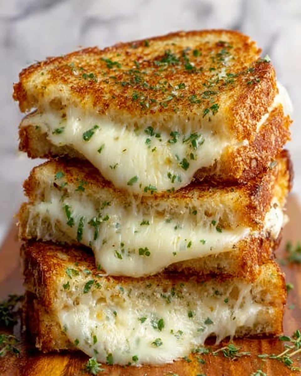 The image shows three thick slices of grilled cheese sandwich stacked on a white wooden board. Each slice has a golden-brown crust with crispy texture and green herbs sprinkled on top. The inside is filled with melted white cheese that stretches slightly between the slices, giving a gooey and creamy look. The edges of the sandwich are crunchy with some browned spots. The background is a white marbled surface. Photo taken with an iphone --ar 4:5 --v 7