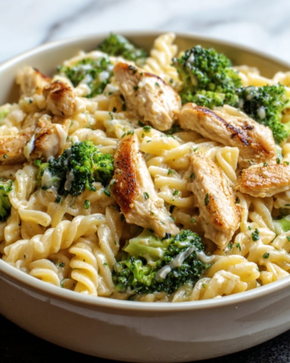 A white bowl filled with creamy pasta featuring short, twisted noodles mixed with pieces of cooked chicken that are light brown and slightly crispy on the edges, and bright green broccoli florets evenly spread throughout the dish. The creamy sauce lightly coats all ingredients, giving a smooth texture with some visible herbs sprinkled on top. The bowl is placed on a white marbled surface. Photo taken with an iphone --ar 4:5 --v 7