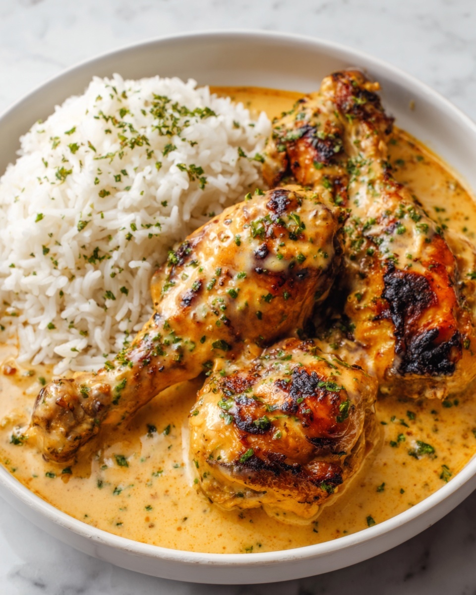 A white bowl contains three grilled chicken drumsticks covered in a creamy orange sauce with green herbs sprinkled on top. The drumsticks are placed on the left side of the bowl, partially sitting in the sauce. On the right side, there is a neat portion of white rice with some green herbs mixed in. The bowl is on a white marbled surface. The photo taken with an iphone --ar 4:5 --v 7