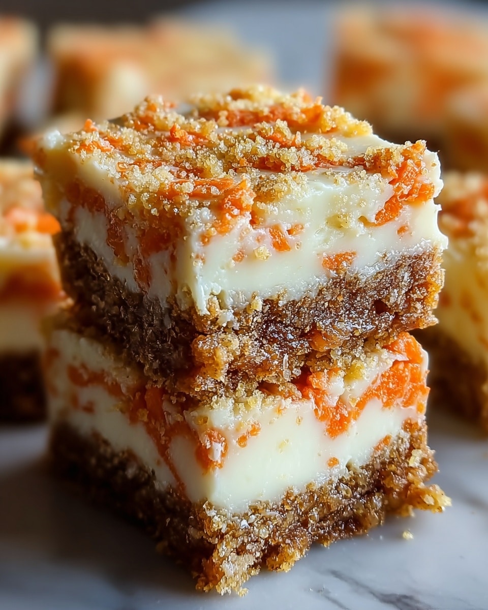 A close-up view of two stacked dessert squares showing three main layers: the bottom layer is a coarse, brown, crumbly base with small darker bits mixed in; the middle layer is thick, creamy, and white with visible small orange carrot pieces embedded throughout; the top layer is a thinner, uneven spread of white cream with more scattered small orange carrot pieces and a light dusting of brown crumbs or spices, creating a textured surface. The background is blurred but shows more dessert squares with the same pattern, all resting on a white marbled texture. photo taken with an iphone --ar 4:5 --v 7