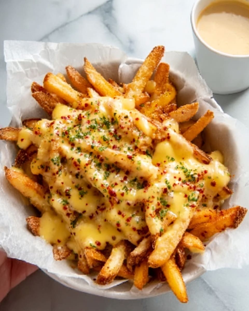 The image shows a white bowl filled with crispy golden fries topped with melted cheese, creating a creamy layer over the fries. The cheese is sprinkled with small red spices and finely chopped green herbs, adding color contrast. A small white sauce container is placed beside the bowl, partially visible. The bowl rests on a white marbled surface, and the fries look fresh and crunchy under soft lighting. Photo taken with an iphone --ar 4:5 --v 7