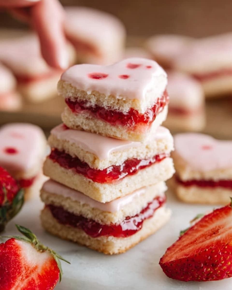 A stack of three heart-shaped cookies sits on a white plate, each cookie showing three layers: a bottom pale golden baked biscuit, a middle bright red jam layer, and a top creamy light pink icing covering the entire cookie surface with a smooth texture. The top cookie has a clear bite taken out, revealing the jam and biscuit layers inside. Surrounding the plate are fresh whole strawberries, adding a bright red contrast. The scene is set on a white marbled surface. photo taken with an iphone --ar 4:5 --v 7