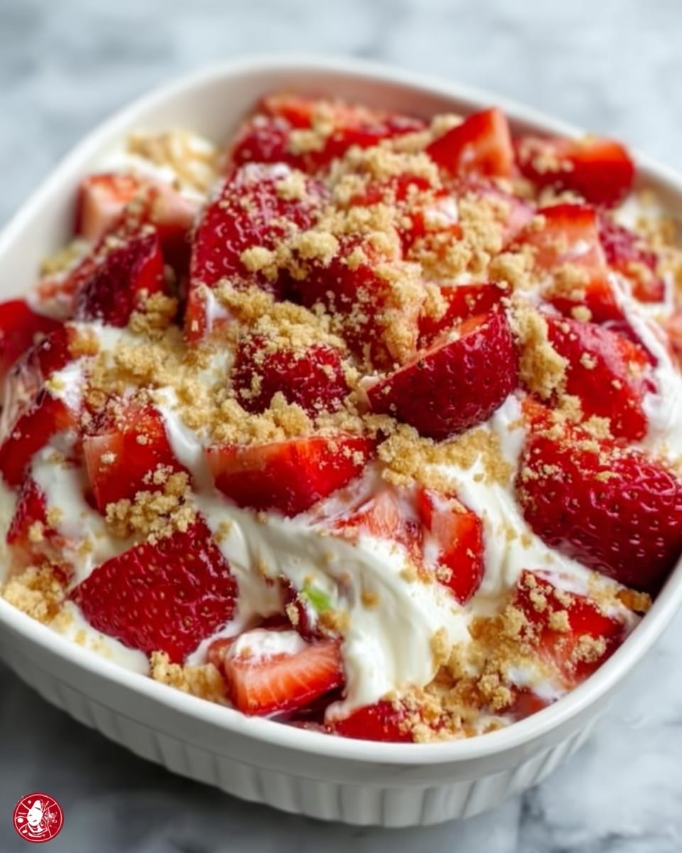The image shows a white plate filled with a layered dessert. The bottom layer consists of light golden crumbs evenly spread across the plate base. On top of that is a thick layer of white, fluffy cream with a smooth texture. Fresh, bright red strawberry pieces are scattered generously all over the cream layer. Drizzled lightly over the top are thin lines of a caramel-colored sauce adding a shiny texture and a rich touch. The dessert looks fresh and colorful against the white marbled background. Photo taken with an iphone --ar 4:5 --v 7
