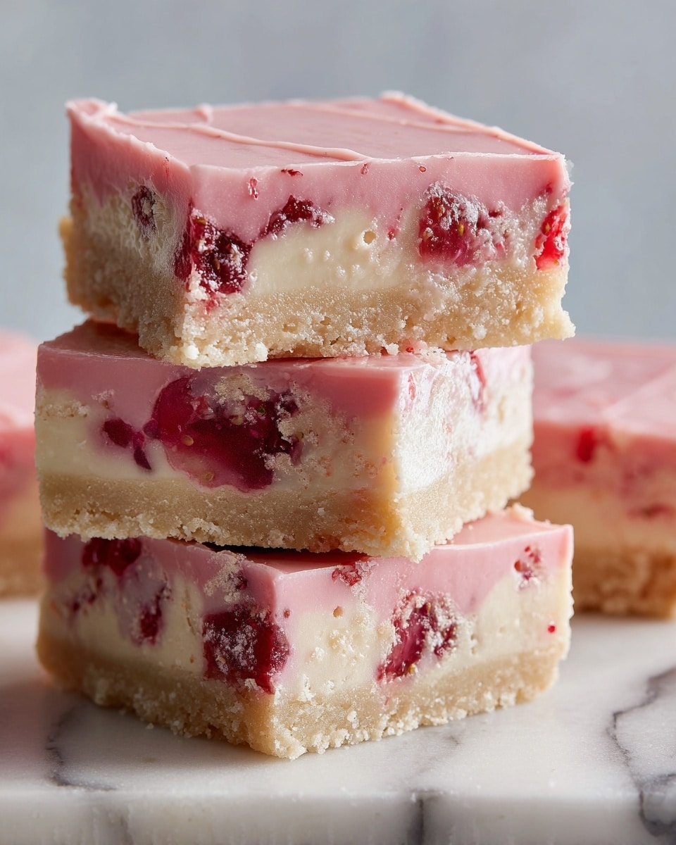 A close-up view of a stack of four square dessert bars placed on a white marbled surface, each bar showing three layers: the top layer is light pink with a smooth, glossy texture of icing, the middle layer is creamy white with visible chunks of red fruit embedded within, and the bottom layer is a light beige, dense cake base. The edges of the bars are slightly crumbly, and the red fruit bits scatter unevenly through the middle layer. A silver fork is partially visible at the bottom of the image. photo taken with an iphone --ar 4:5 --v 7