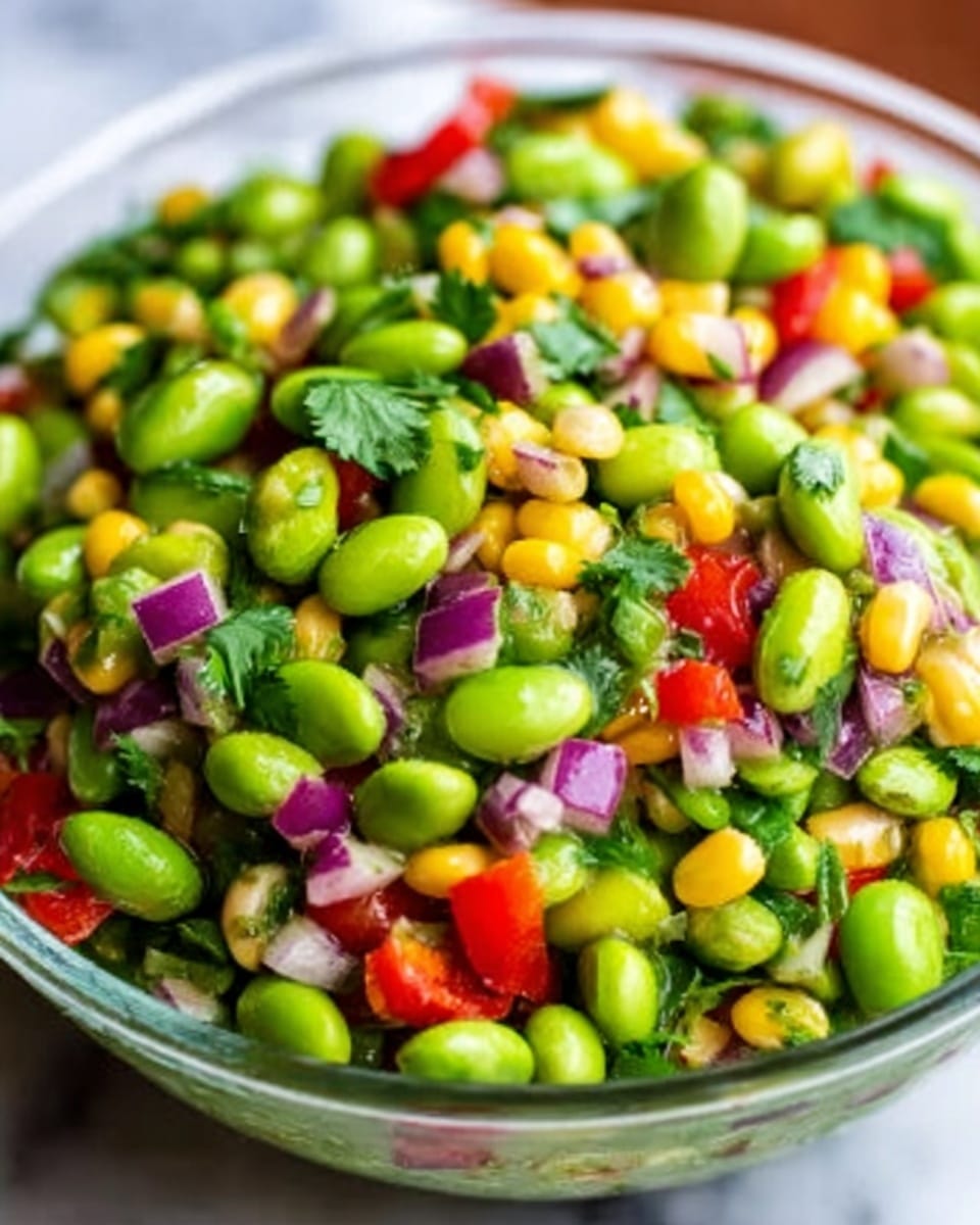 A clear white bowl is filled with a colorful salad made of bright green edamame beans, yellow corn kernels, small red bell pepper pieces, and diced red onions. The ingredients are mixed evenly and topped with fresh green herbs, giving the salad a fresh look. The bowl sits on a white marbled surface, making the colors of the salad stand out clearly. photo taken with an iphone --ar 4:5 --v 7