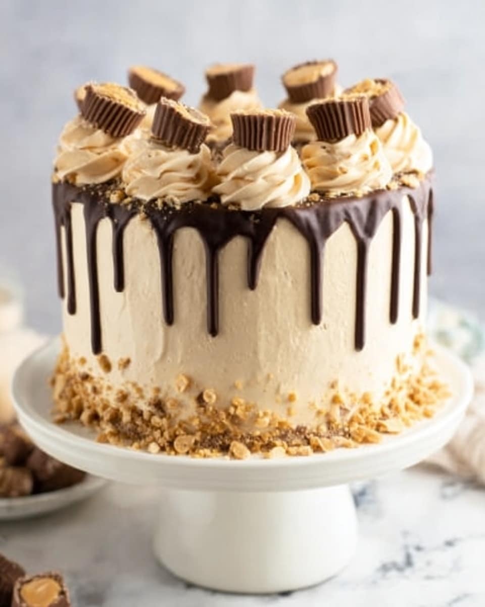 The image shows a tall, creamy cake on a white marble cake stand. The cake has three smooth layers of light beige frosting. On top, dark chocolate drips down the sides in uneven lines. The top is decorated with swirls of creamy light beige frosting and pieces of chocolate cups placed evenly around the edge. Some crushed nuts and crumbs are sprinkled on the top and around the base of the cake. The background is a white marbled texture. photo taken with an iphone --ar 4:5 --v 7