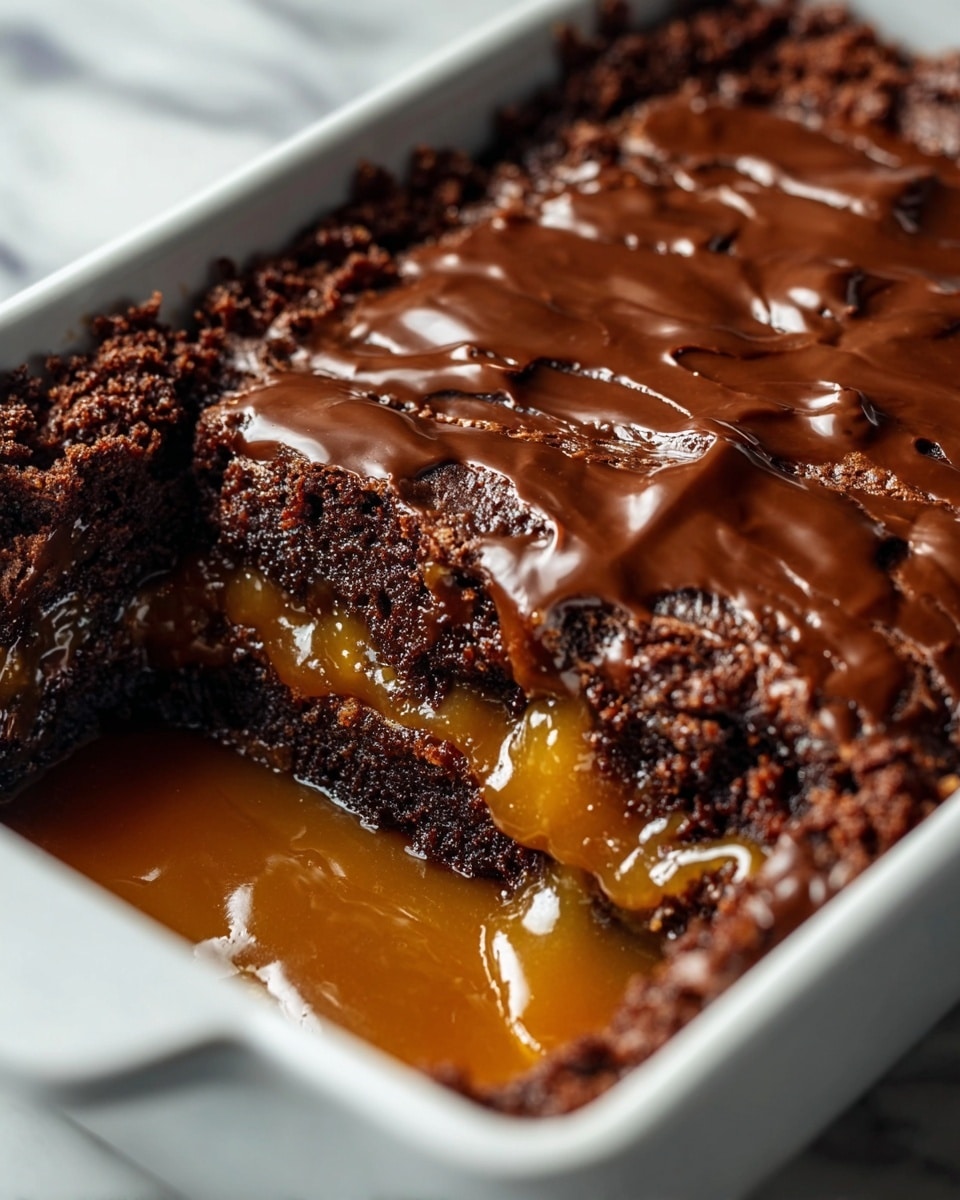 A white rectangular dish holds a rich, multi-layered chocolate dessert. The top layer is a glossy, smooth dark chocolate with a slightly cracked, uneven texture. Beneath this is a crumbly, dark chocolate cake layer that looks moist and dense. Below the cake, there is a thick, gooey caramel layer, shiny and amber-colored, flowing slightly into an empty section of the dish. The base appears to be another layer of dense chocolate cake, soaked in caramel. The dish sits on a white marbled surface with soft natural light highlighting the shiny caramel and glossy chocolate. Photo taken with an iphone --ar 4:5 --v 7