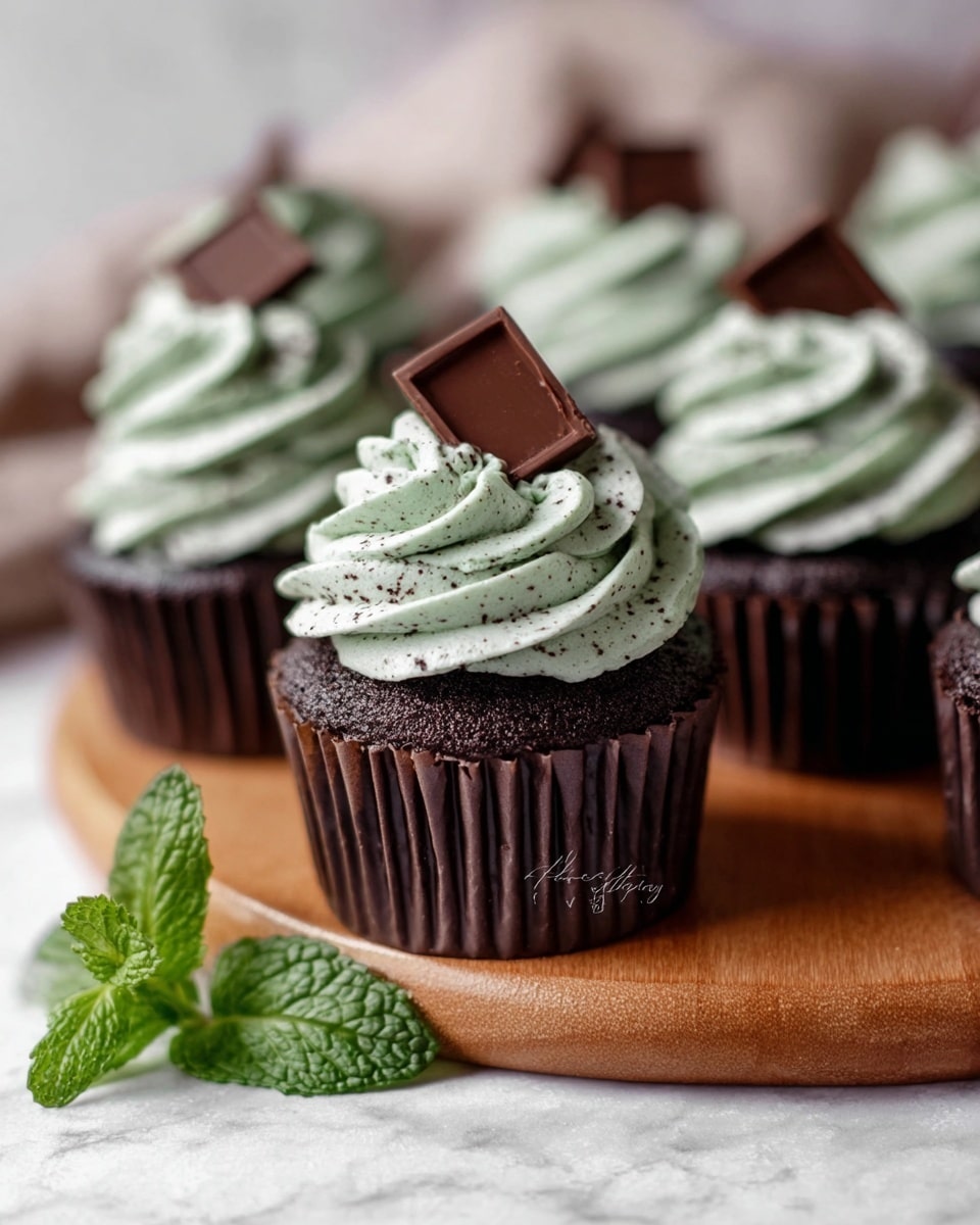 The image shows a dark chocolate cupcake with a thick swirl of pale green speckled mint frosting on top, sprinkled lightly with dark cookie crumbs. The frosting has a soft, creamy texture, swirled high in elegant waves, and is topped with a small square of milk chocolate. The cupcake sits upright in a black paper liner, placed on a wooden board, with a sprig of fresh green mint leaves at the base. More cupcakes with the same frosting and chocolate topping are blurred in the background. The entire scene is set on a white marbled texture. photo taken with an iphone --ar 4:5 --v 7